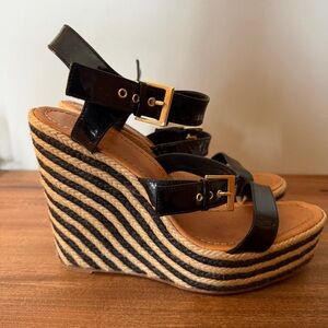 Kate Spade Darla Espadrille Wedge Sandals Patent Leather Striped Sz 10.5 Spring